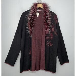 Chicos Cardigan 2 Size Large Black Red Metallic Fur Trim Sweater Whimsigoth Goth